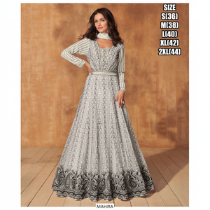 Rayonne de soie ethnique indienne Anarkali robe noire et blanche lourde brodée Dupatta manches longues évasées mariages vêtements de fête - Product Image 1