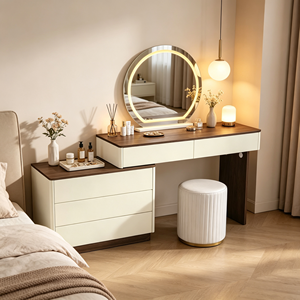 Coiffeuse moderne blanche avec miroir LED rond, meuble de rangement et tabouret pour chambre à coucher - Product Image 1