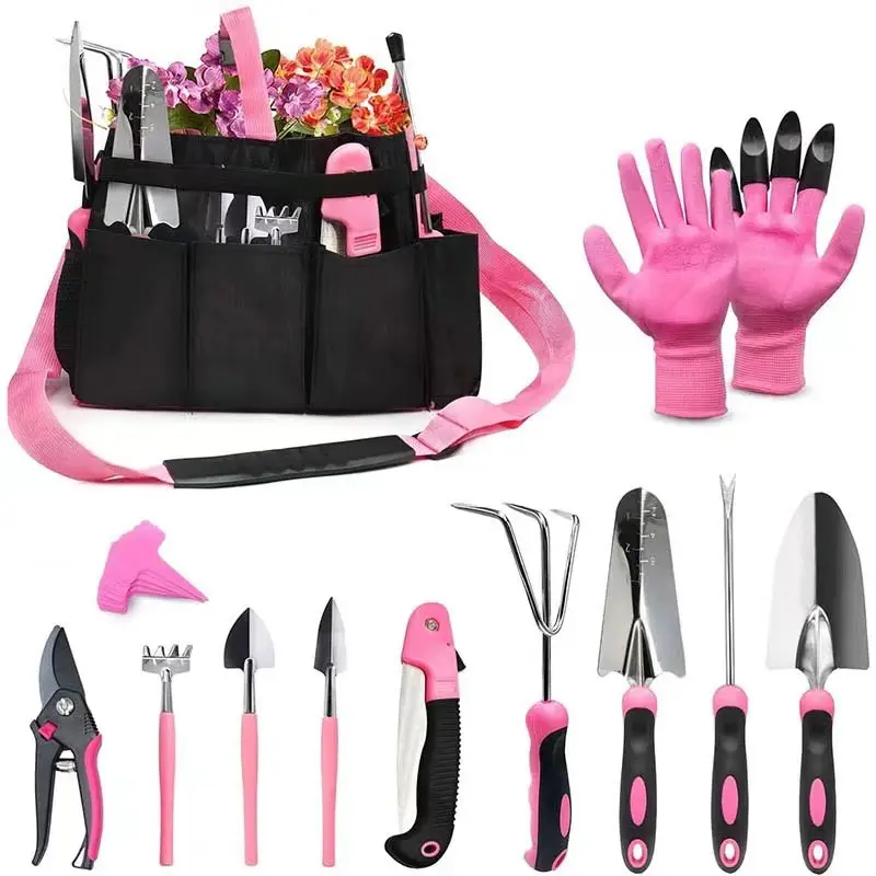 Manual 16 pcs Pink Gardening Digging Tools Weeder Hand Rake Fork Garden Tool Set