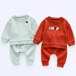 Grosir baju bayi 2pcs bayi-Set Pakaian Bayi Waffle, 2 Potong Katun Organik Set Pakaian Bayi Laki-laki Perempuan Baru Lahir untuk Bayi Laki-laki