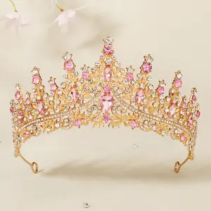 Crown e tiara de princesa rosa de cristal de strass para concurso de rainha Miss Mundo, feito à mão personalizado, ideal para beleza