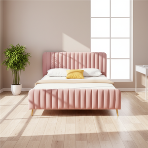 <span class=keywords><strong>Lit</strong></span> plateforme moderne pleine grandeur en velours rose doux <span class=keywords><strong>avec</strong></span> <span class=keywords><strong>tête</strong></span> <span class=keywords><strong>et</strong></span> <span class=keywords><strong>pied</strong></span> <span class=keywords><strong>de</strong></span> <span class=keywords><strong>lit</strong></span> capitonnés - Product Image 1
