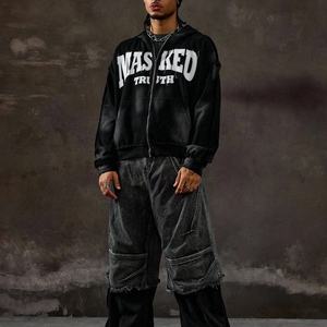 Sudadera con capucha para hombre, estilo vintage urbano, con cremallera, lavado ácido, efecto desgastado, bordado personalizado, bordes deshilachados, corte holgado y corto - Product Image 2