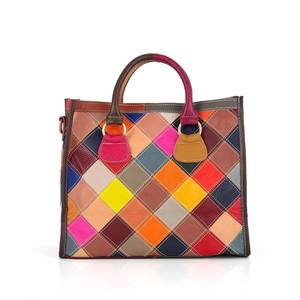 Sac fourre-tout AndoBag pour femmes en cuir de vache véritable + toile, coutures colorées, motif géométrique, sacs à bandoulière, sac à main décontracté 10662 - Product Image 4