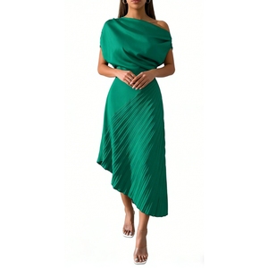 Robe midi asymétrique à une épaule pour femme - Robe de soirée plissée tendance - Product Image 2