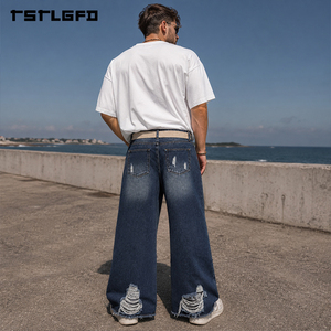 OEM ODM Jeans de mezclilla de pierna ancha con flecos y rotos, de peso pesado, estilo streetwear, con paneles de cremallera, al por mayor - Product Image 4
