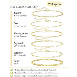Fabbrica OEM in acciaio inox 6 pezzi placcato oro Set di braccialetti Figaro/scatola/spina di pesce/graffetta/Satellite/perline di stratificazione regolabile - Product Image 5