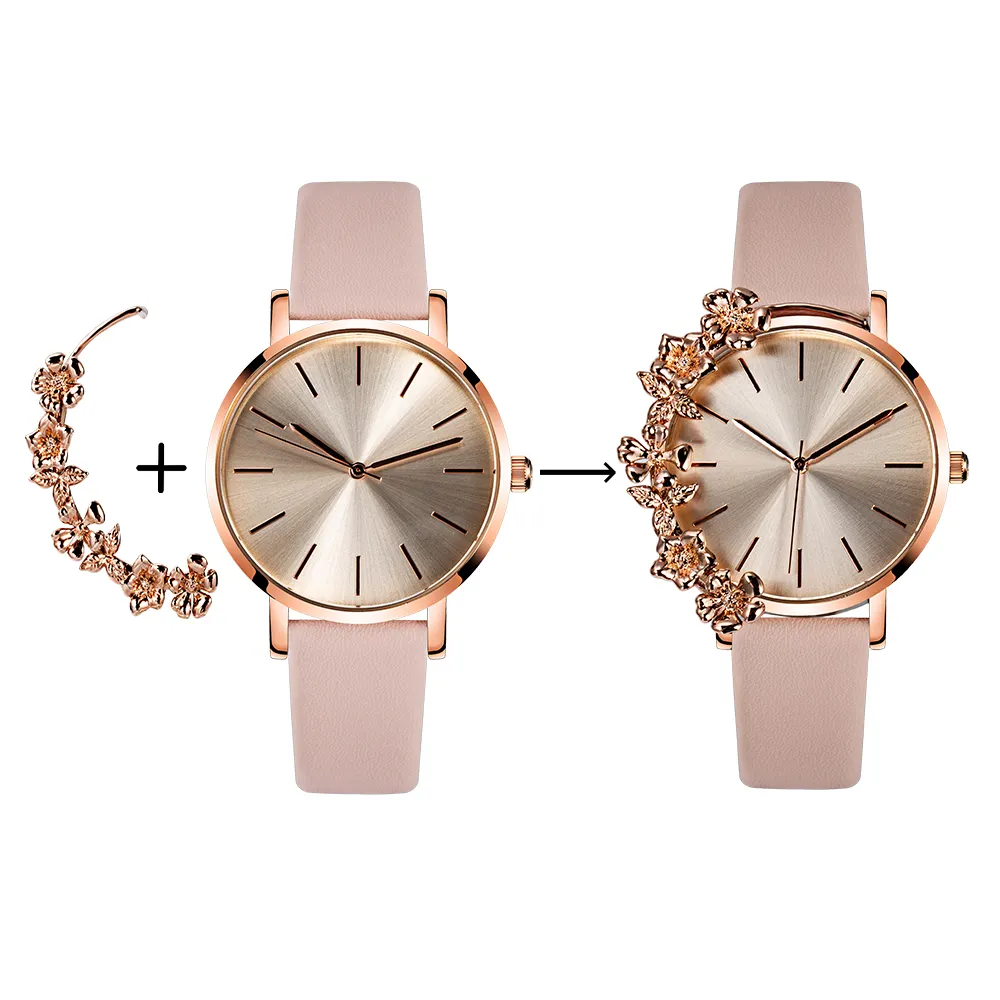 2020 Interchangeable Flower Bezel Blush rose gold Sunray a dual-use Pink Leather Strap Quartz Watch for girls