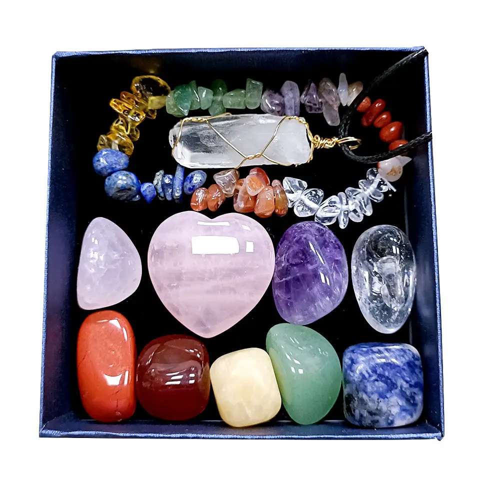 Groothandel Spirituele Meditatie Crystal Heart Healing Crystal 7 Chakra Tumbling Stone Box Set