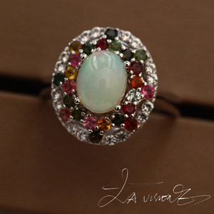 Anillo de la Serie Counterattack con Incrustaciones de Jade, Ópalo, Turmalina Natural y Zafiro Blanco Sintético, Joyería Vintage - Product Image 2