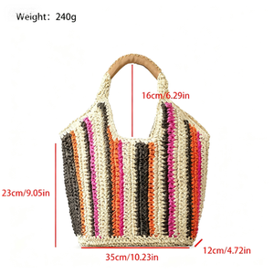 Borsa Tote Intrecciata Colorata in Tinta Unita, Borsa da Spiaggia Artigianale in Paglia per Donna, Stile Vacanza Estiva, Grande Capacità, Casual - Product Image 4