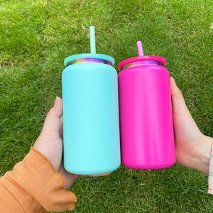 16oz Soda Beer Powder Coated Insulated Rainbow Plated <b>Metal</b> Cups Laser Engraving Colored Stainless Steel Can Tumbler with <b>Straw</b> - Product Image 4
