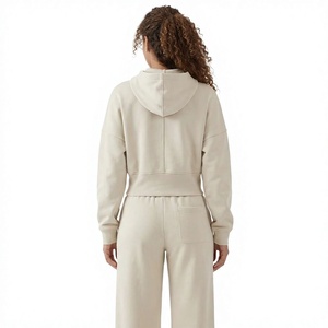 <b>Women's</b> Beige Cropped Zip Up Hoodie And <b>Jogger</b> Pants Tracksuit Set Casual Two Piece <b>Outfit</b> - Product Image 3