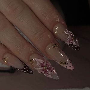 Uñas Postizas Francesas 3D Laisense <span class=keywords><strong>con</strong></span> Diseño de Puntos, Diamantes <span class=keywords><strong>Brillantes</strong></span> y Flores, Uñas Almendradas Largas y Puntiagudas, Venta al Por Mayor - Product Image 1