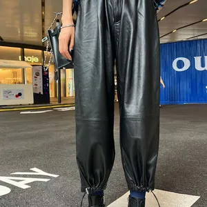 Ins Fashion Cool Girl's Street Style Genuine Leather Pants Full-length Collect Ankle Sheepskin Harem Pants