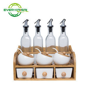 O tempero cerâmico branco pode ajustar-se com apoio do bambu, garrafa transparente do tempero do vidro, com três gavetas pequenas. - Product Image 1