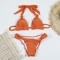 RUIYI 2024 Popular Bikini sólido chica joven caliente Sexy nudo corbata brillante Nylon volantes traje de baño Micro Bikini conjunto