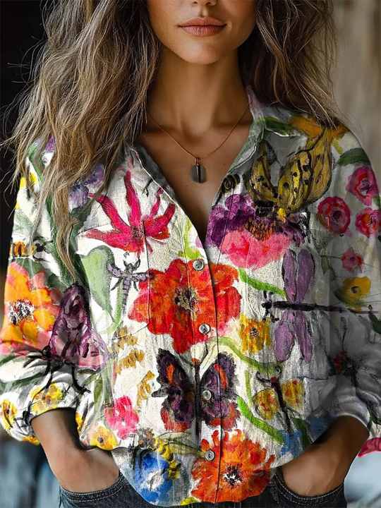 European and American Women's Large Size Fashion Top 3D Digital Printing Long Sleeve Lapel Shirt Ladies Blouses & Shirts