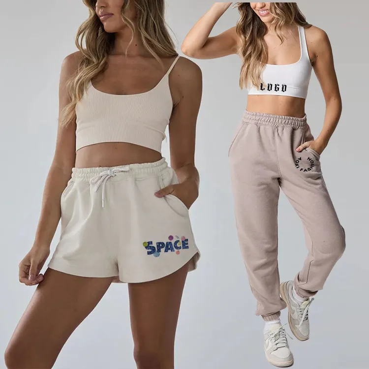 Tüm satış fabrika özel logo düşük adedi yüksek kalite terry yaz tank top ceket şort takımı legging pantolon eşofman takımı