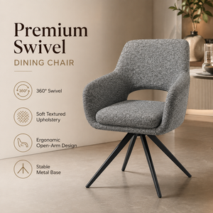 Silla de Comedor Giratoria Premium con Diseño de Brazos Abiertos, Tapizada en Bouclé Gris Oscuro, Base de Metal en Forma de Estrella, Giro de 360 Grados °   Hotel, Restaurante, Cafetería - Product Image 1