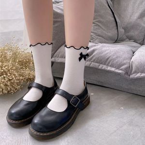 White And <b>Black</b> Bow-knot Ruffled Slouch <b>Socks</b> Cotton Sweat-absorbing Women's Autumn Style Lolita JK <b>Socks</b> - Product Image 3