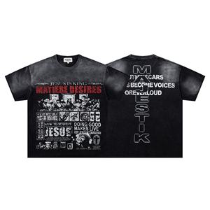 USA Streetwear Washed Cotton All Over Print T Shirt Distressed Frayed Raw Hem <b>Rhinestone</b> Graphic Loose Fit Short Sleeve <b>Top</b> - Product Image 3