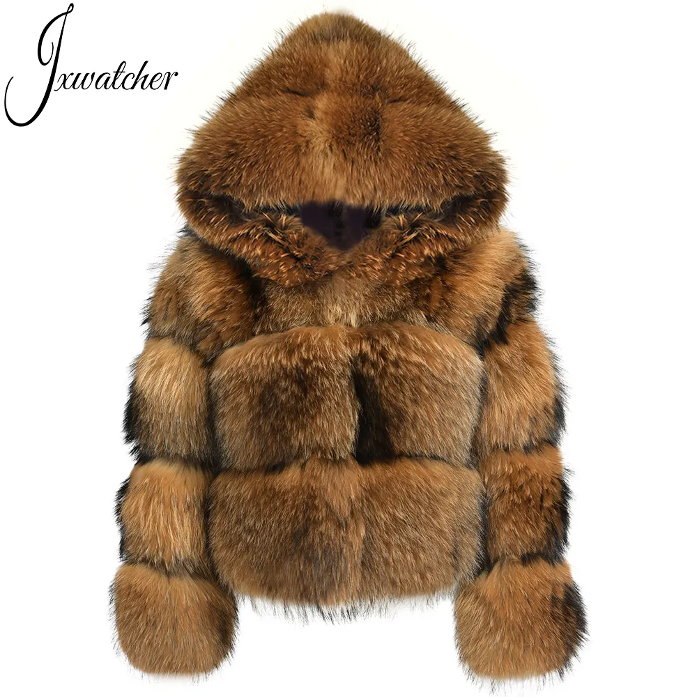 Wholesale Real Natural Raccoon Fur Hooded Coat Outwear Winter Thick Warm Real Fur Winter Jacket Coat