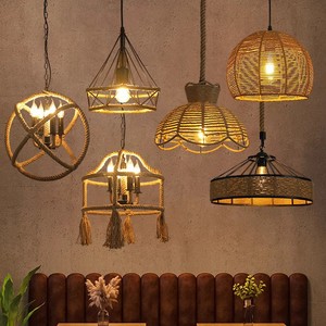 Lampe suspendue rétro en rotin à tête unique, lustre LED pour chambre à coucher, salle à manger, hôtel, lampe décorative W23D2 - Product Image 2