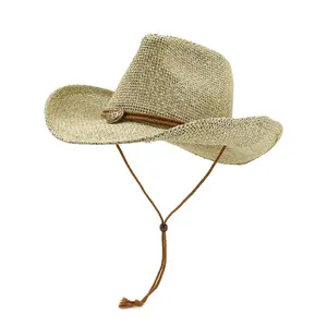 Summer Natural Seagrass Western Women Men Wholesale Straw Cowboy Hat With Chin String