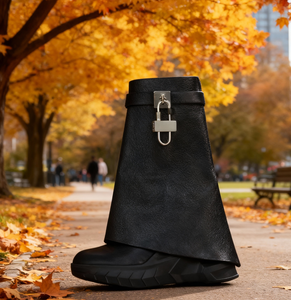 Real Leather Quality Botas Mujer Thick Bottom Wedge Lock Sexy Black Leather Fashion <b>Shoes</b> Woman Designer Boots - Product Image 5