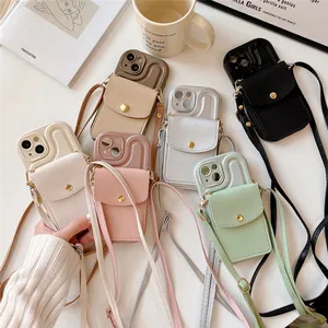 Crossbody Lanyard لهاتف iPhone 13 14 12 11 Pro Max 14Plus طراز كوريا بحزام PU-غطاء حافظات سيليكون ناعمة