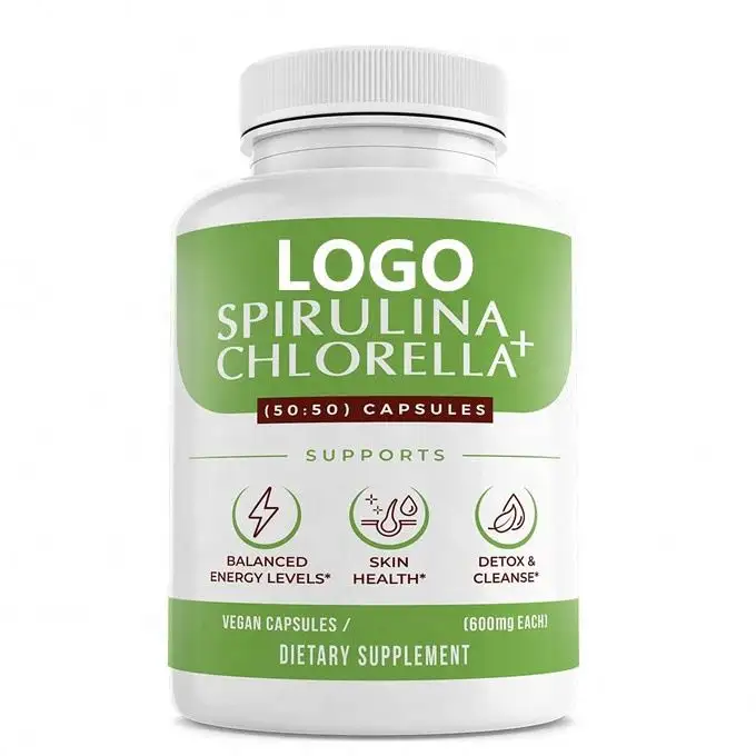 Özel etiket organik Spirulina ve kırık hücre chlochloklorofil kapsüller süper yeşiller tozu