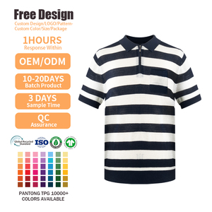 Fournisseur de tricots sur mesure, pull à manches courtes en coton 100% GOTS, polo en tricot rayé pour homme, été - Product Image 3