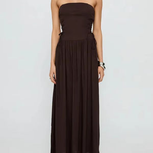 Ladies' Brown Strapless High-Waisted Side <b>Striped</b> Tied Waist Decorative Long Dress Factory Customized Daily Party - Product Image 1