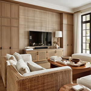 Mueble de TV de Madera Maciza Tejida de Ratán Retro Escandinavo, Mueble de Almacenamiento para Sala de Estar de Estilo Natural con Detalles Tejidos a Mano - Product Image 1