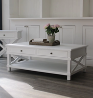 Table basse rustique blanche avec structure en X, table basse de rangement à 2 tiroirs, meuble de salon en bois pour décoration de style ferme et côtier
