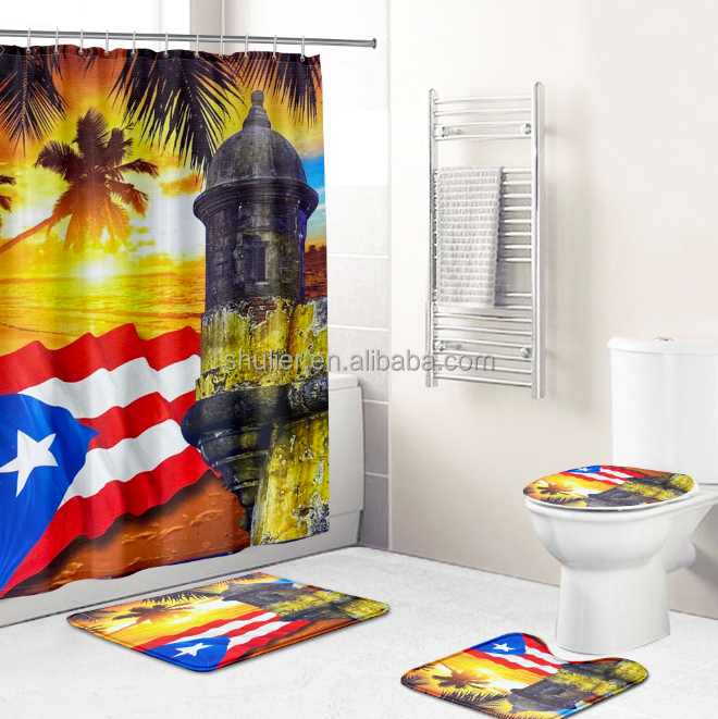 3D Custom Design Puerto Rico Flag Waterproof Shower Curtain With Non