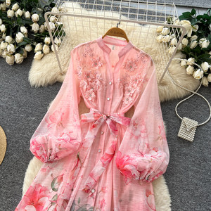 Abito da <span class=keywords><strong>donna</strong></span> alla moda con ricami floreali, scollo a V, maniche lunghe, linea ad A che definisce la vita, abito da <span class=keywords><strong>ufficio</strong></span> - Product Image 3