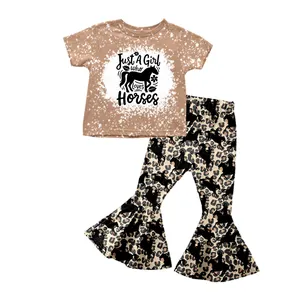 Preorder boutique apenas uma menina ama cavalos impressão da menina t-shirt flare outfits bebê meninas roupas set atacado crianças roupas