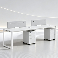 Bureau de travail moderne blanc pour 2 personnes avec cloison et tiroir mobile sur roulettes