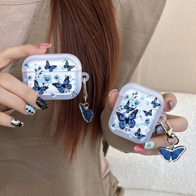 Wholesale Ins Trend Blue Butterfly Earphone Case With Butterfly Pendant for AirPods 1 2 3 4 Pro 2 3 Kawaii Anti-drop Case
