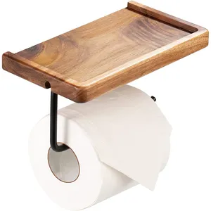 Aksesori kamar mandi kayu Acacia dudukan dinding pemegang kertas Toilet dengan rak penyimpanan untuk Pot penanam lilin telepon