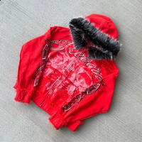 Sweat à capuche zippé unisexe en coton 100% avec logo personnalisé, bordure en fausse fourrure détachable, effet usé, bords effilochés, imprimé Y2K, style streetwear