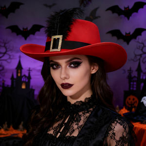 Sombrero de vaquero de plumas rojas y negras, decoración de Halloween, cinta con hebilla dorada, sombrero de fiesta, sombrero de mosquetero, uso deportivo en la playa, venta al por mayor - Product Image 2