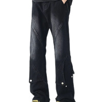 Jeans Boyfriend KY pour Hommes, Denim Délavé Vintage, Coupe Bootcut avec Boutons, Délavage Moyen, Motif Imprimé Estival