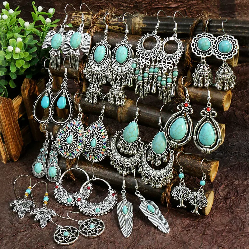 Pendientes Retro bohemios con piedras turquesas, Pendientes colgantes con borlas, joyas semipreciosas bohemias para mujer