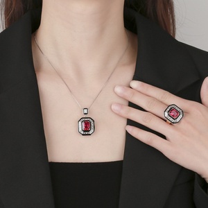 New Arrival Eco-friendly Copper 8*10mm Red Zircon <b>Iced</b> <b>Out</b> Diamond Vintage Square Shaped Necklace and Earrings Jewelry Set - Product Image 6