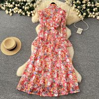 Gaun Maxi Vintage Elegan Motif Bunga Mawar untuk Wanita, Lengan Panjang Model Flare, Cocok untuk Pesta Malam, Liburan Musim Semi, Gaya Bohemian
