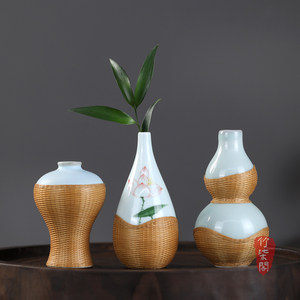 Bamboo Woven Ceramic Vase Set Handmade Traditional Chinese Style Decorative Flower Vase For Living Room Desktop Ornament - Product Image 1