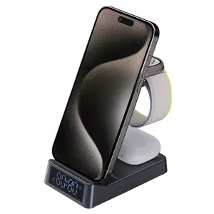 4 In 1 15W Wireless Charger Stand Holder Night Light Wireless Charging Station Alarm Clock For IPhone 13/13 Pro/12/12Pro Max